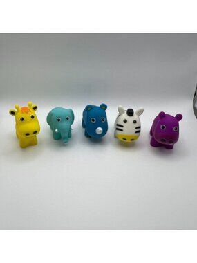 Set Of 5 Colorful Animal Rubber Bath Toys - Giraffe Elephant Rhino Zebra Hippo -
